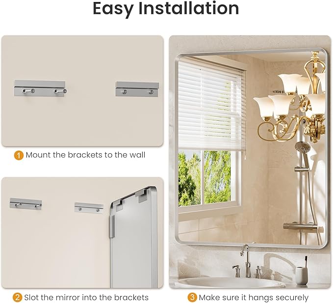 Bathroom Mirror, Rounded Rectangle Wall Vanity Mirror, Metal Framed, Tempered Glass, Shatter-Proof, Vertical or Horizontal Hanging, 30 x 36 Inches, Brushed Nickel Silver