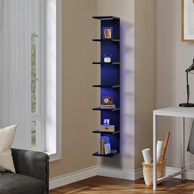 7-Tier Wall Shelf with 10 RGB Lighting Modes, Multifunctional Wall Mounted Vertical Display Floating Shelf for Bedroom Living Room Vanity, Black