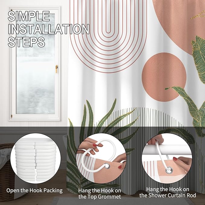 Mid Century Boho Shower Curtain, Abstract Modern Sun Minimalist Aesthetic Shower Curtain, Bohemian Geometric Arch Curve Leaves Neutral Art Fabric Bathroom Curtains Pink 72x78 inch