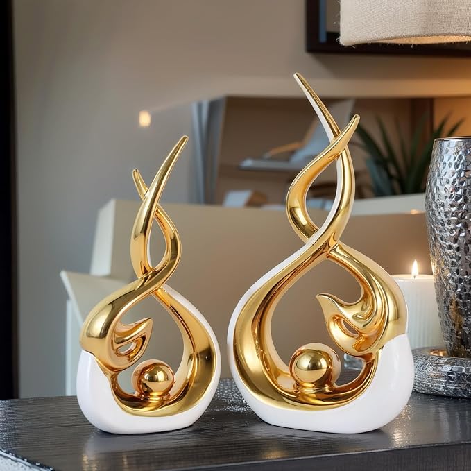 Home Decor Modern Abstract Art Ceramic Statue - 2 PCS White and Gold Sculptures, Mid Century Modern Decor, Elegant Table Centerpieces for Dining Room, Living Room, Office, Entryway, Bookshelf, Mantel
