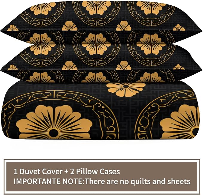 Blossoms Floral Duvet Cover Oversized King, Vintage Greek Key Meander Bedding Set 3 Piece, Luxury Black Gold Patterned Comforter Cover with Zipper Soft Microfiber, 2 Pillowcases