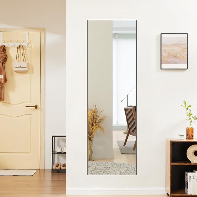OLIXIS Full Length Mirror 59"x16.3" for Bedroom, Full Body Mirror with Stand, Hanging or Leaning for Wall, Aluminum Alloy Thin Frame Floor Standing for Living Room, Long, Black