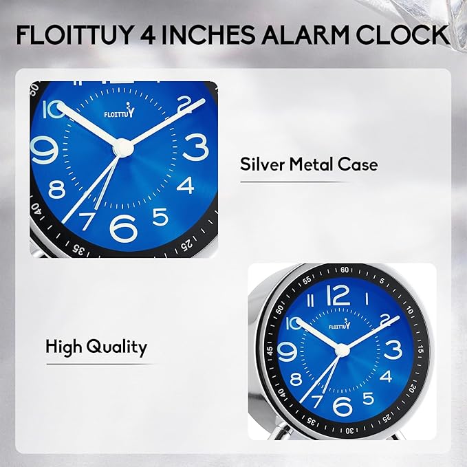 FLOITTUY Super Silent Metal Alarm Clock,Beep Wake Round Alarm Clock with Strip Night Light,Battery Operated,Easy Set,Simple & Retro for Desk, Bedroom and Home Decoration(Royal Blue)