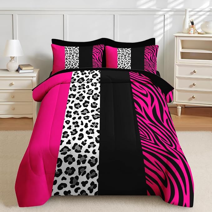 Nesker Comforter Set Full Size, Leopard Color Block Pink 7 Pcs Bedding for Kids and Adults, Wild Zebra Print Bed Sheet Sets with Fitted Sheet 2 Pillowcases & 2 Shams