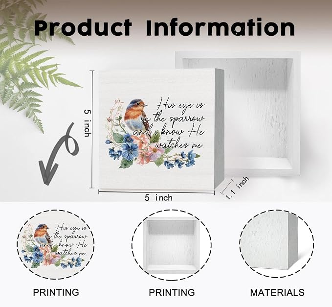 His Eye Is on the Sparrow Birds Decor Sign - Christian Scripture Religious Bird Office Home Shelf Desk Decor,Bible Verse Religious Wooden Box Sign,Christian Bird Gifts For Women