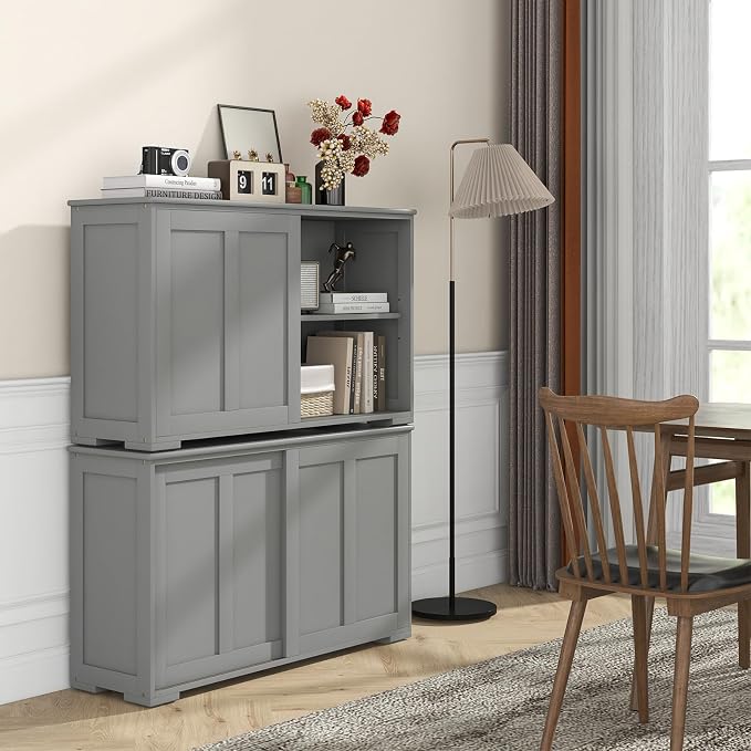 Sideboards Buffet Cabinet with Storage, Sliding Door Coffee Bar, Console Table with Adjustable Shelf, Credenzas for Living Room, Stackable Kitchen Cupboard for Dining Room (Grey)