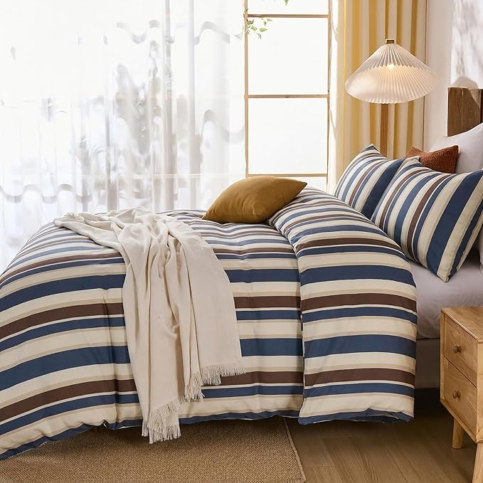 Merryword 100% Cotton Duvet Cover Set King Size - Vintage Blue Cabana Striped Bedding Set with Zipper & Corner Ties, 3-Piece Luxury & Silky Soft Bedding Set for All Seasons