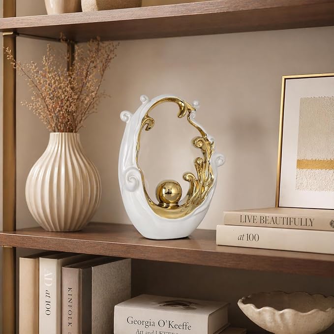 Abstract Ceramic Sculpture, White and Gold Modern Tabletop Statue Wave-Inspired, for Home Decor, Decorative Accent for Shelf, Mantel, Coffee Table, Console or Entryway