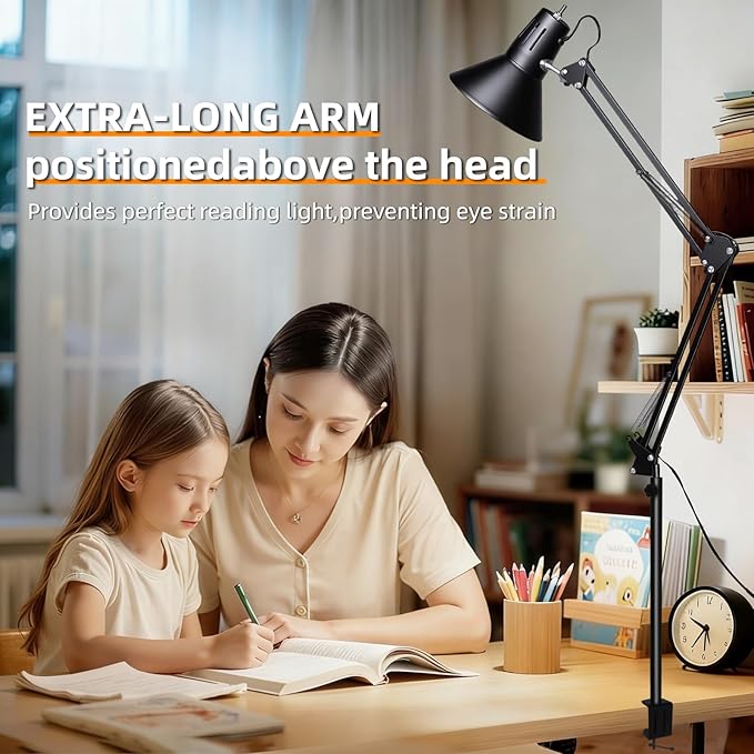 2 Pack LED Desk Lamp Dimmable with Clamp, Eye-Caring Clip on Lights for Home Office, 3 Adjustable Color Temperature, Extra Tall Metal Swing Arm, High Intensity Clamp w/A19 E26 Bulb for Working Reading