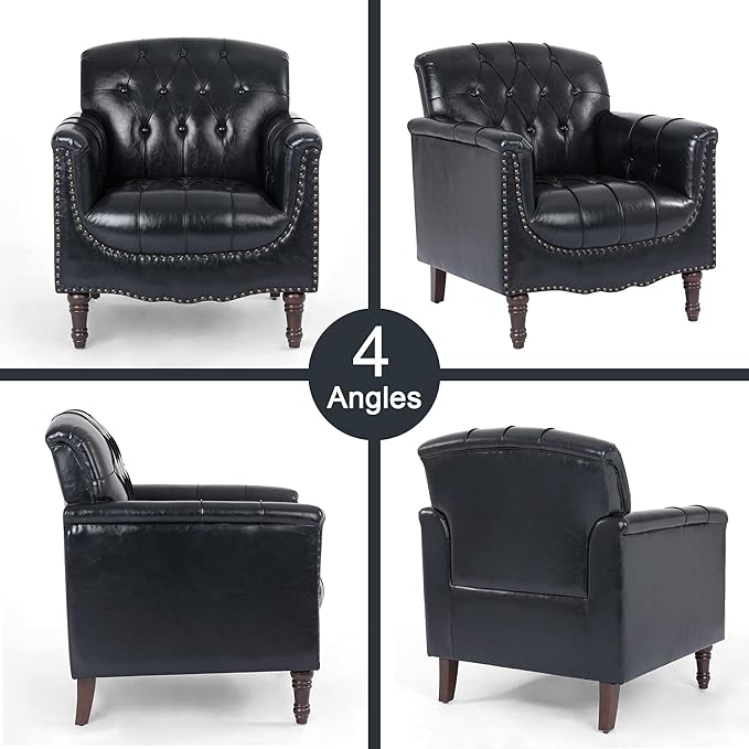 Lumibee Faux Leather Accent Chairs Set of 4, Upholstered Armchairs with Nailhead Trims & Wood Legs for Living Room, Bedroom, Contemporary Comfy Club Chairs for Office-Blue Black