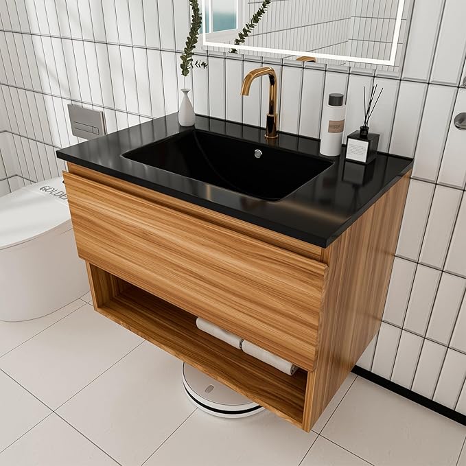 30 inch 3D Carved Bathroom Vanity with Open Compartment, Floating Cabinet with Hidden Soft-Close Drawer,with Ceramic Basin,Single Shelve,Mid Century Modern,Triamine Finish (Red Walnut/Black Sink)