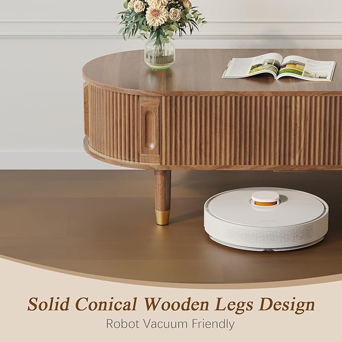 Oval Wood Coffee Table,Fluted Lift Top Coffee Table with Sliding Door and Solid Wood Legs,Suitable for Living Room,Home Office,and Apartment. (Walnut)