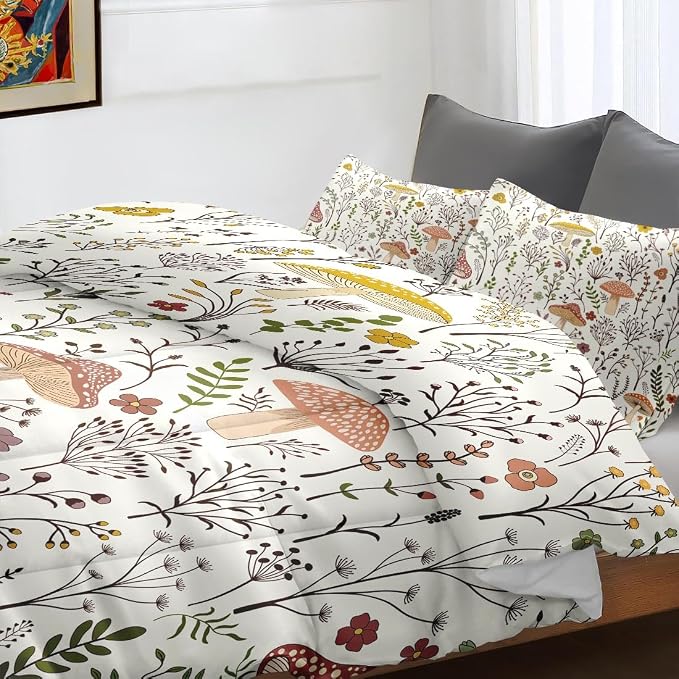 Comforter Set with 2 Pillowcases King Size, Cute Beige Forest Mushroom Daisy Flower, Bed Decor Boho Wildflower Plants Botanical Floral Leaf for Kids and Adults, Soft Cozy Bedroom Bedding Set