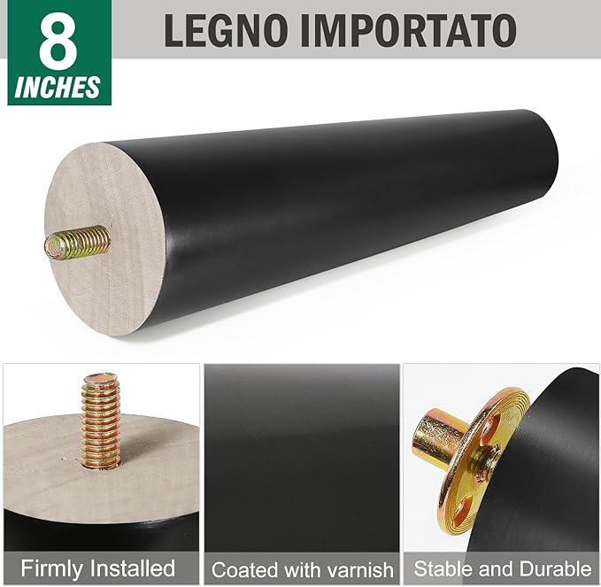 FoDau770 Black Rubber Wood Furniture Legs 8 Inches, Straight Tapered Wood Feet Mid Century Sofa Legs Set of 4, 5/16" UNC Furniture Feet for Cabinet Couch Dresser Chair Ottoman Table