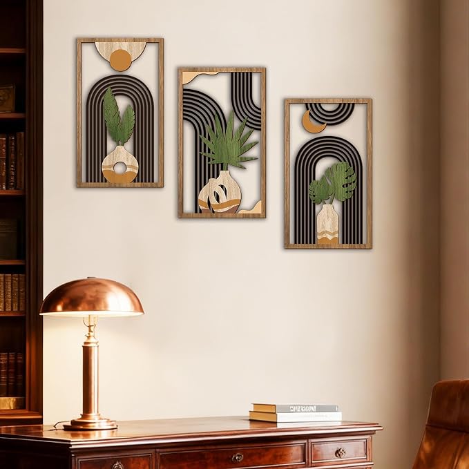 Bnesi 3 Piece Abstract Boho Wall Art Decor Minimalist Modern Wooden Wall Art Mid-Century Modern Wall Art Set of 3 Wall Decor for Living Room Bedroom Bathroom Kitchen (Boho, Medium)
