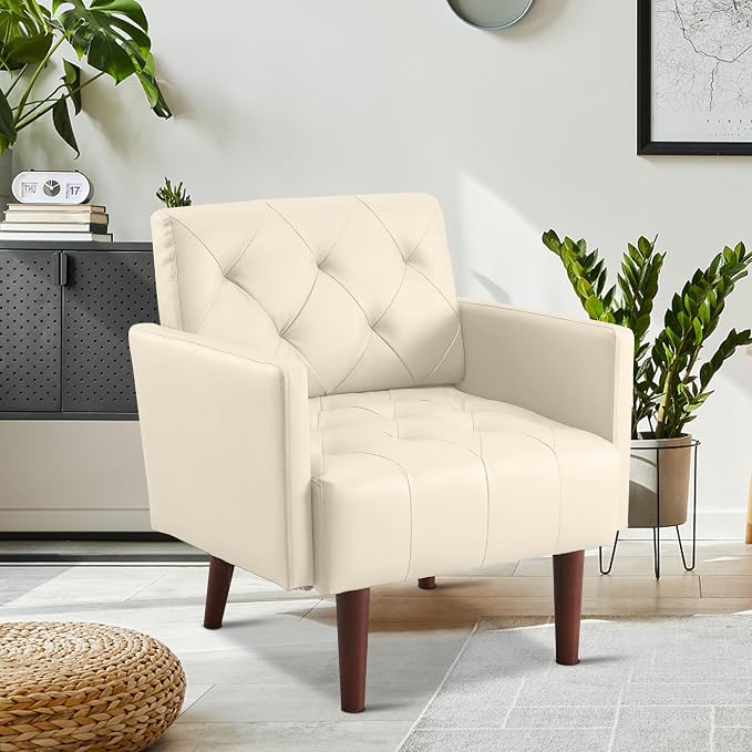 Modern Accent PU Chair, Living Room Chair Upholstered Single Sofa with 4 Sturdy Legs, Contemporary Reading Chair for Living Room, Reading Room, Bedroom (Cream)