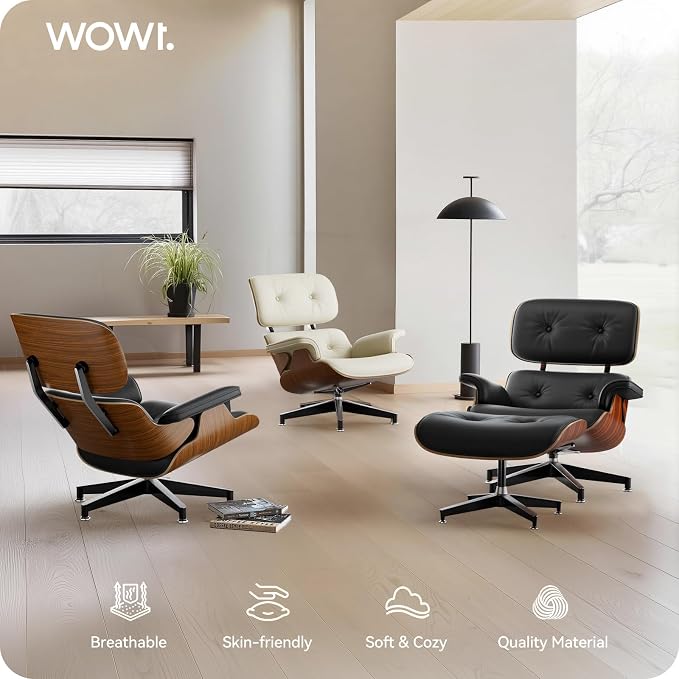 Top Black Grain Leather, Mid Century Chaise Lounge Chair and Ottoman, Modern Chair Classic Design, Palisander Wood, Heavy Duty Base Support for Living Room Office