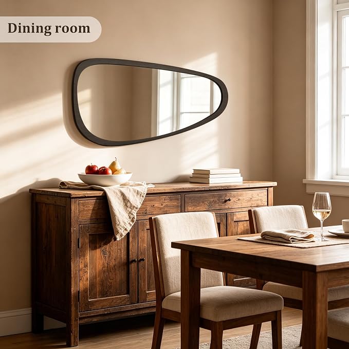 HOMECOOKIN 48" H x 22" W Asymmetrical Mirror, Irregular Wooden Wall Mirror for Bedroom, Living Room,Entryway– Mid-Century Modern Decorative Mirror, Solid Wood Frame, Pebble Shaped Design (Dark Brown)