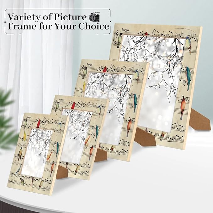Retro Birds 4x6 Picture Frame Music Note Wooden Photo Frames for Tabletop Display Wall Mounting Fits 4x6 Pictures Home Office Decor
