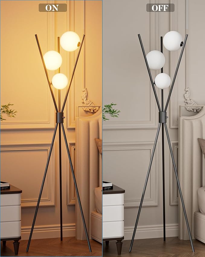 Lightdot 60IN Dimmable Black Tripod Floor Lamp, Mid Century Standing Lamps with 3 Globe Soft Warm White Eye Care 3000K Bulbs Included, Modern Tall Lamp for Living Room/Bedroom/Sofa Beside/Corner Decor