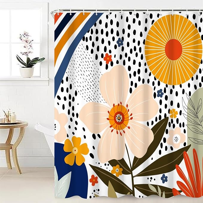 Colorful Boho Bathroom Pink Floral Sun Abstract White Spots Shower Curtain Aesthetics Art Decor Washable Polyester Durable Fabric with Hooks, 72x84 Inch