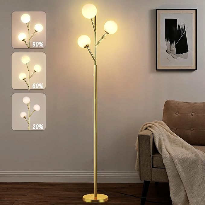 Ldeco 70in Gold 3-Globe Mid Century Dimmable Floor Lamp for Living Room G9 LED Bulbs Included,Modern Standing Lamp with Frosted Glass Shade for Bedroom,Studyroom Antique Brass Lighting(dimmer-Gold)