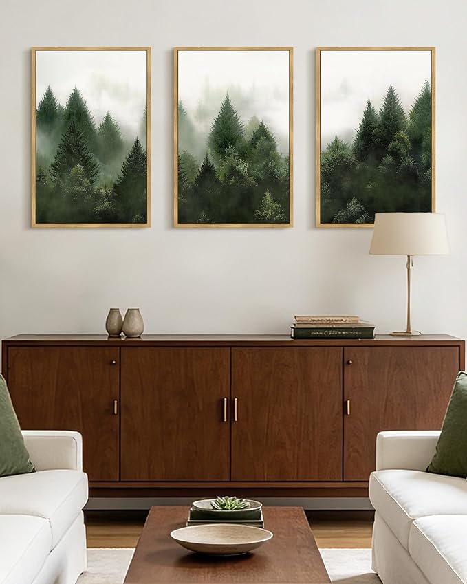 KUVIOKE Morden Green Fog Pine Tree Framed Canvas Wall Art Nature Nordic Forests Artwork Painting Bedroom Decor 16x24in (Natural Framed)