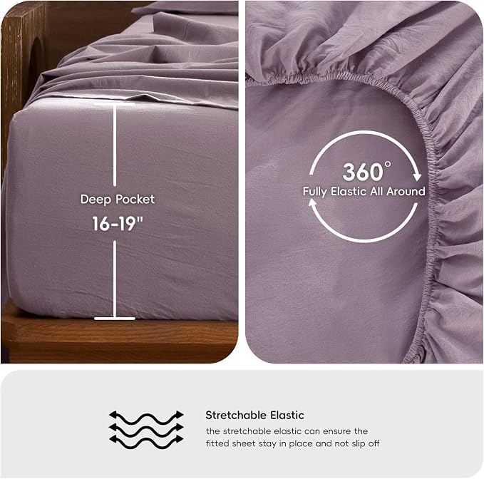 MooMee Bedding Sheet Set 100% Washed Cotton Linen Like Textured Breathable Durable Soft Comfy (Solid Taro Purple, Queen)