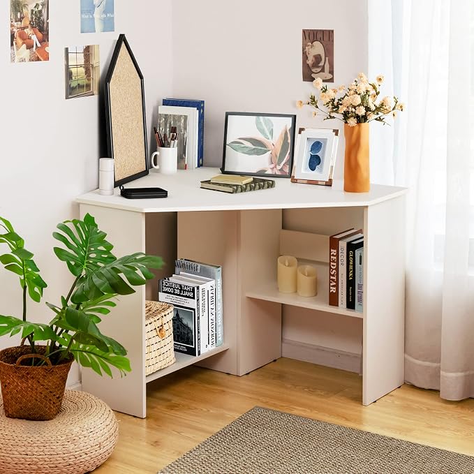 LDAILY Corner Desk, Space Saving 90 Degree Triangle Computer Desk with Storage Shelves & Cable Holes, Wood Compact Corner Writing Table for Small Spaces, Home Office, Bedroom & Living Room, White