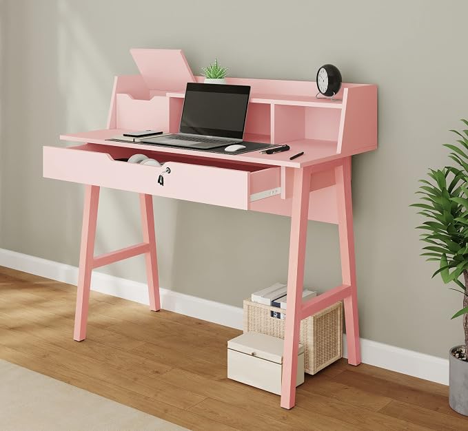 Modern Design Roma Small Desk for Bedroom, 40 inch Pink Writing Desk with Hutch and Locking Drawer, by Crafts and Comfort