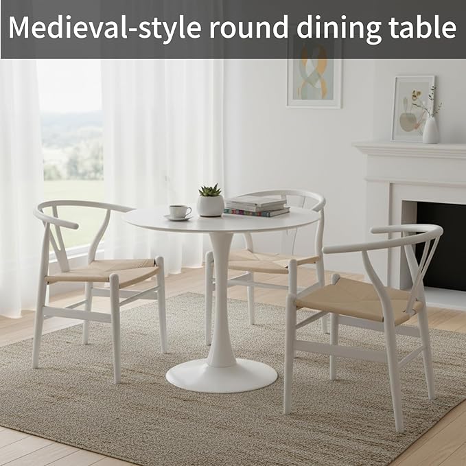 32" White Round Dining Table, Mid-Century Modern Circular Tulip Table with Thickened Top & Sturdy Metal Pedestal, Small Round Bistro Kitchen Table for for 4 People, Easy Assembly