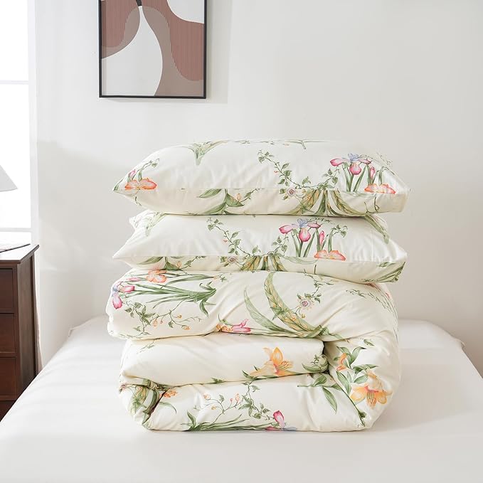 Duvet Cover King Size 100% Cotton Reversible Green Leaves Duvet Cover Set with Zipper Closure, 3 Pieces Vintage Flower Floral Bedding Comforter Cover, Ultra Soft & Breathable