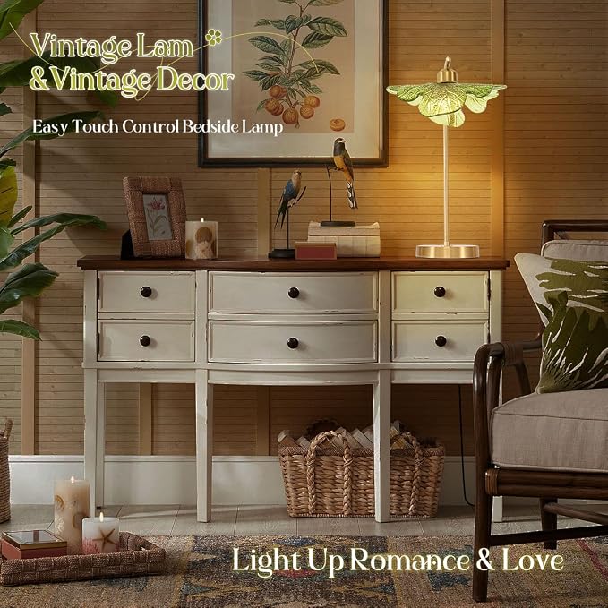 Glass Table Lamps Mid Century Modern Table lamp Gold Desk lamp tall table lamp nightstand lamp touch Table lamp with Green Flower Design Bedside Table Lamp for end table Bedroom Living Room Office