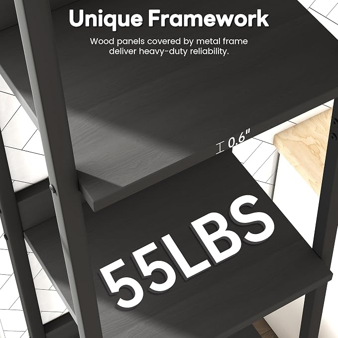 Ladder Shelf, 5 Tier Ladder Shelf, 13.5” Wide Tower Storage Shelf for Books, Anti Tip Feature, Steel Frame, Perfect for Bookshelf, Plants, Kitchen, Living Room, Office, Dark Gray