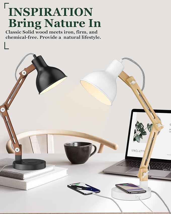 ELYONA Japandi White Desk Lamp with Wireless Charger, Solid Wood Table Lamp with USB C Charging Port, Swing Arm Reading Task Light with LED Bulb for College Dorm, Office, Living Room, Bedroom