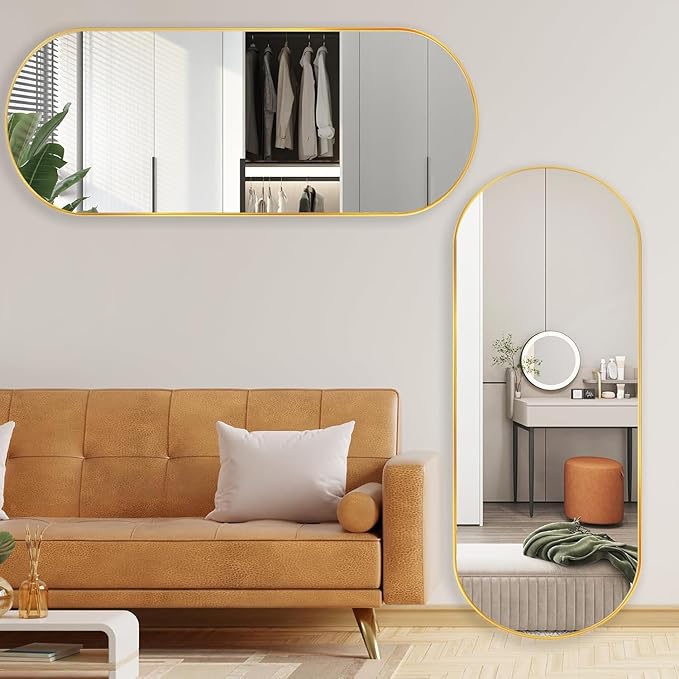 Arched Full Length Floor Mirror, Oval Full Floor Mirror, Large Wall Mounted Arched-Top Body for Living Room, Bedroom, Bathroom, Entryway, Dressing Room (Gold, 64 * 21)