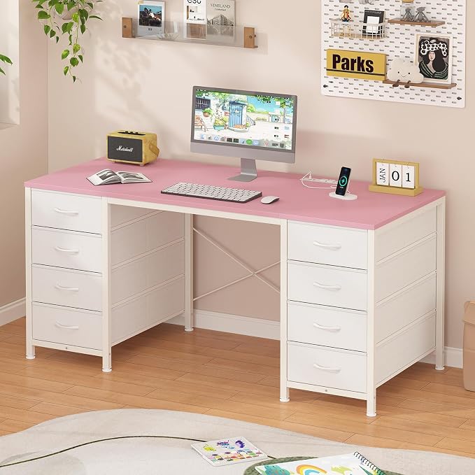 YOMILUVE 50 Inch Computer Desk with 8 Drawers, Home Office Desk with Power Outlets, Work Study Gaming Desk with 8 Fabric Drawers, Pink