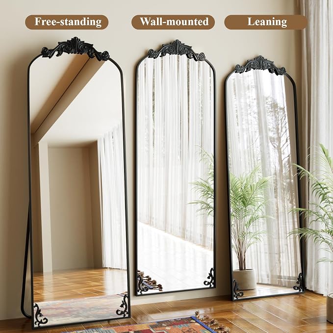 HARRITPURE Vintage Arched Full Length Mirror, 64"x21" Baroque Carved Full Body Mirrors, Large Floor Standing Mirror with Black Aluminum Frame for Bedroom, Living Room, Entryway