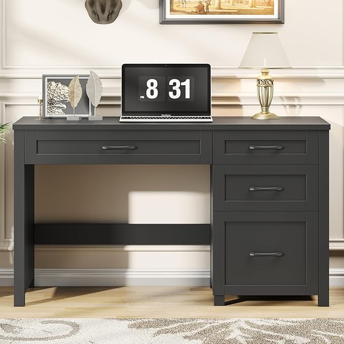 Vabches Farmhouse 47" Executive Desk, Computer Desk with File Drawer and Charging Station, Workstation for Home Office, Study,(Pure Black