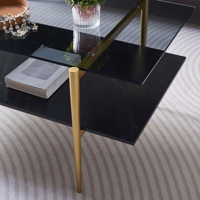 LumFurn Rectangle Coffee Table for Living Room, Mid-Century Modern Design, L41 x W21 x H17, 2-Tier Structure, Clear Glass Top and Black Marble Wood Shelf, Conical Metal Legs with Gold Finish