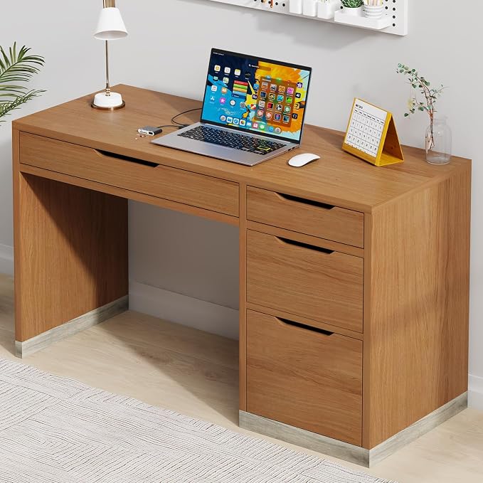 MaverickFurni Small Desk with Drawers, 52 Inch Computer Desk with Storage, Home Office Desk with Filing Drawer for Bedroom, Brown