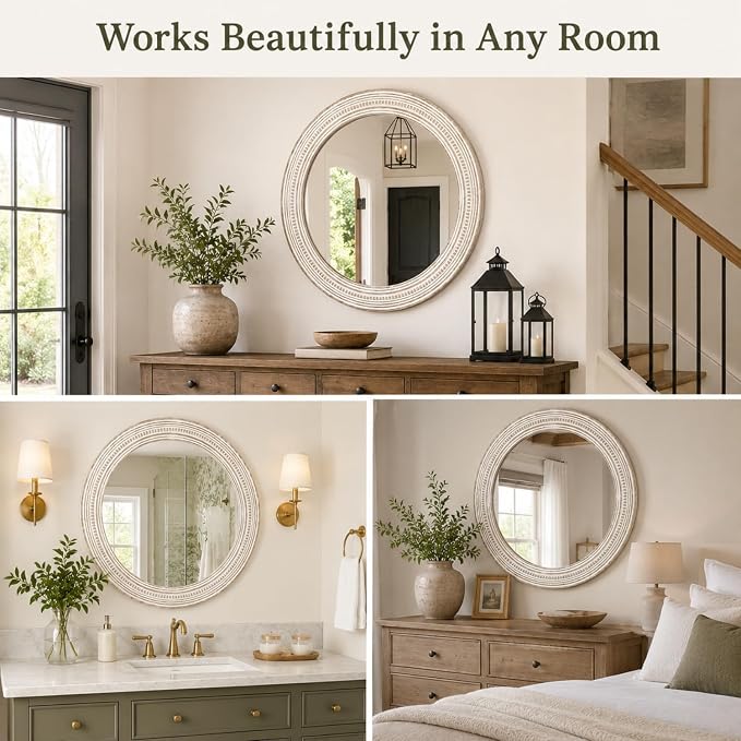 Reflinto 24 Inch Boho Wooden Round Mirrors for Wall Decor, | Rustic Farmhouse Decorative Circle Mirror for Bathroom Over Sink, Living Room, Entryway, Bedroom