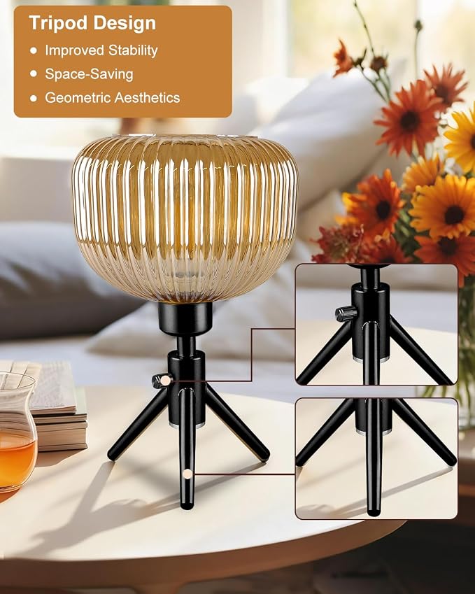 Lightdot Tripod Glass Table Lamp Black Small Desk Lamp with Brown Striped Glass Shade, 3000K Warmwhite Dimmable Nightstand Lamp for Bedroom/Bedside/Living Room/Study Room/Home Decor
