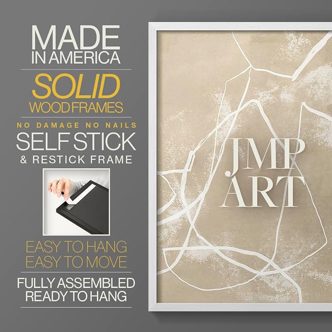 Renditions Gallery Set of 2 Peel & Stick Framed Prints, Neutral Abstract Wall Art, Beige Line Art Pattern Wall Decor, Re-Stickable - Ready to Hang - 22"x28" - White Frame LT588