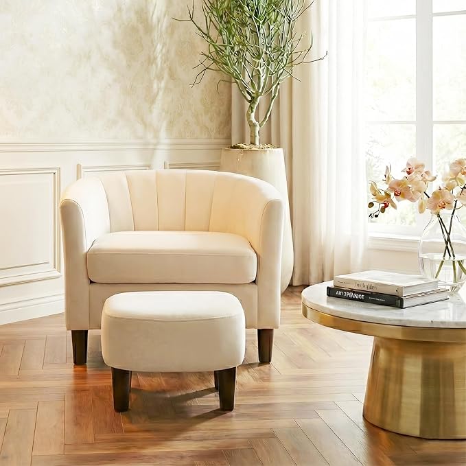 FDW Velvet Barrel Accent Chair with Ottoman, Modern Armchair with Ottoman Set, Comfortable Reading Chair for Living Room, Bedroom & Apartment Lounge, Beige
