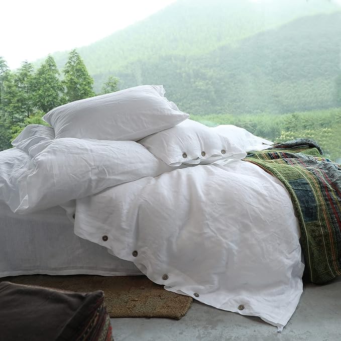 Simple&Opulence 100% Linen Duvet Cover Set 3pcs with Coconut Button Closure Natural French Washed Flax Solid Color Soft Breathable Farmhouse Bedding - White, King Size