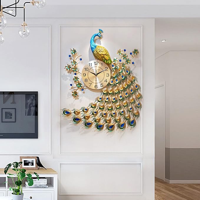 29.5" Large Peacock Wall Clock Crystal Decor, 3D Creative Luxury Wall Clock Silent Non-Ticking Battery Operated Living Room Decor Big Clock