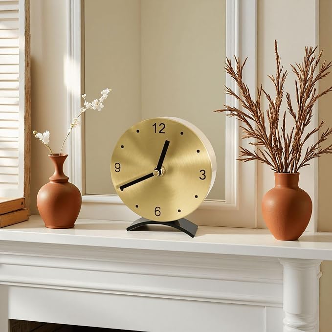 Solid Brass Small Gold Table Clock - Silent Non-Ticking, Battery Operated for Living Room Mantel, Desk or Shelf Decor
