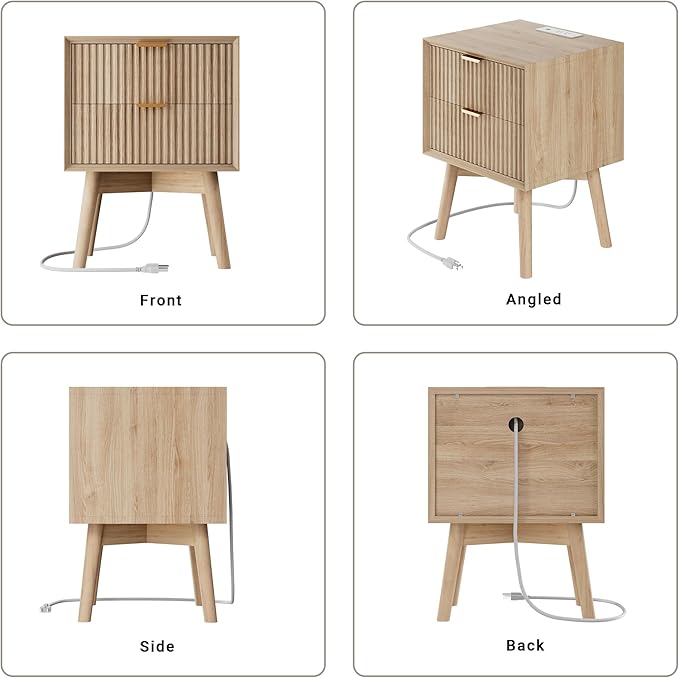 Fluted Nightstand, Beveled Edges Night Stand, 2 Drawer Nightstand with Charging Station, Modern End Table with Solid Wood Legs, Wooden Bedside Table for Bedroom Sofa Home Office,Natural Oak