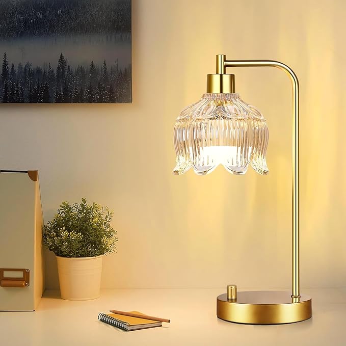 Glass Table Lamp Set of 2,Small Gold Bedside Lamps Dimmable Boho Bedroom Lamp with Tulip Flower Amber Lamp Shade,Vintage Mid Century Modern Mini Nightstand Lamp for Bedroom Living Room